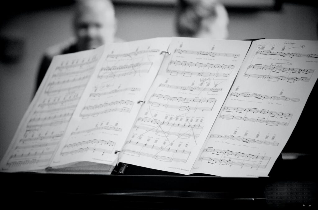 4 pages of sheet music on a piano.